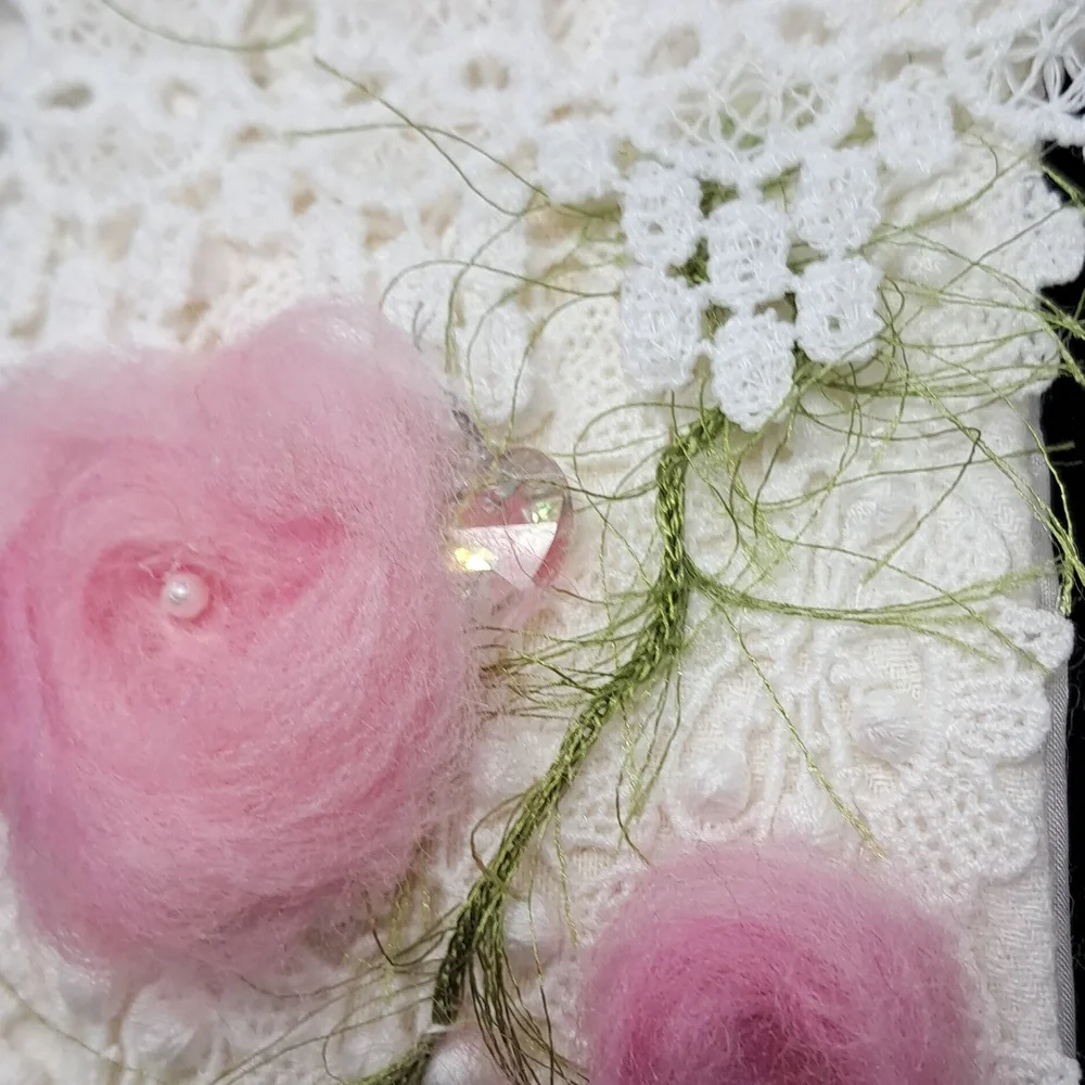 Whispers in Pink Hand-Embellished Lace Fiber Wall Art · OOAK · 11” x 3.5”